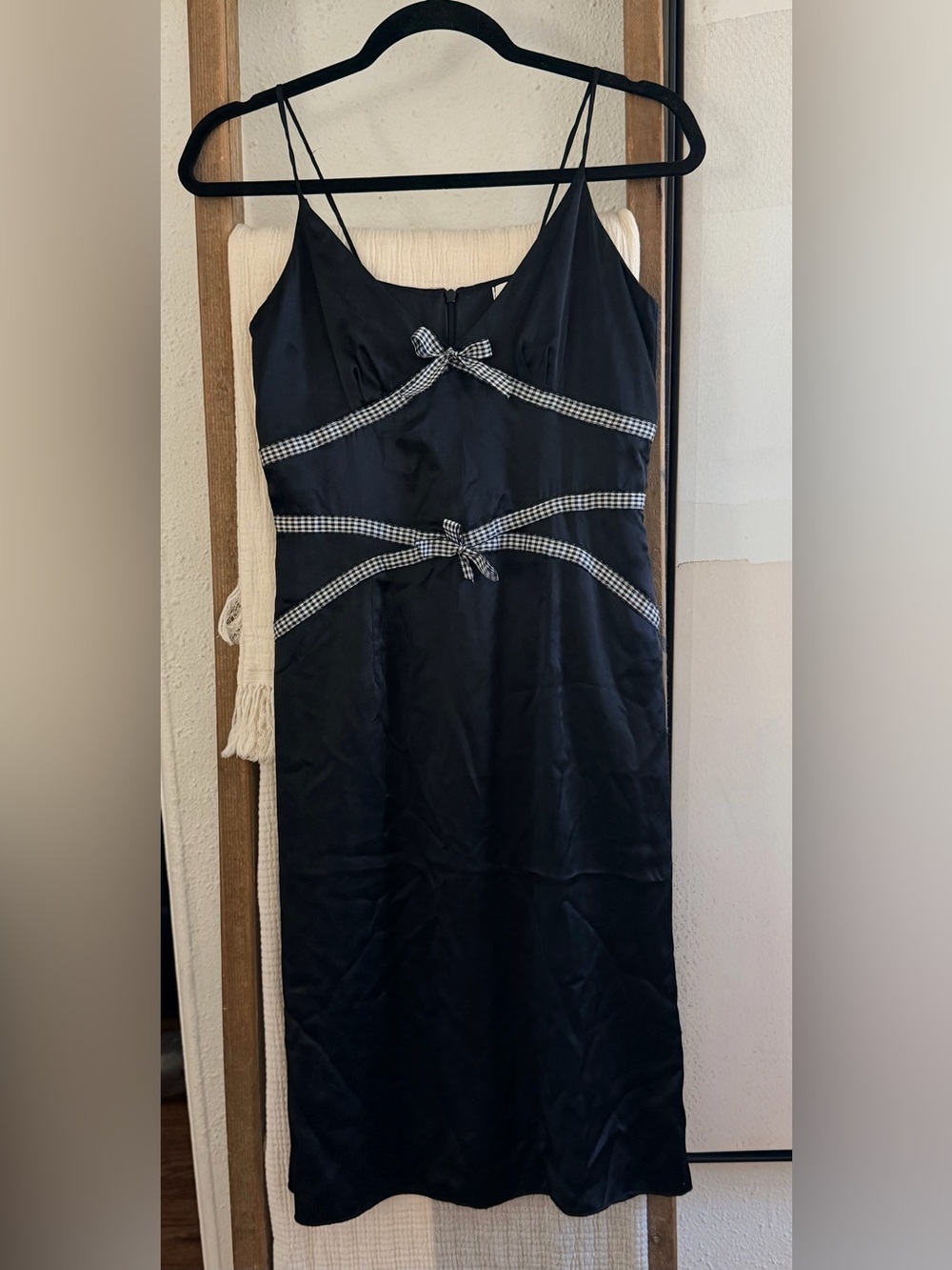 Y2K silk ruth Black Spaghetti-Strap Dress with Gingham Trim